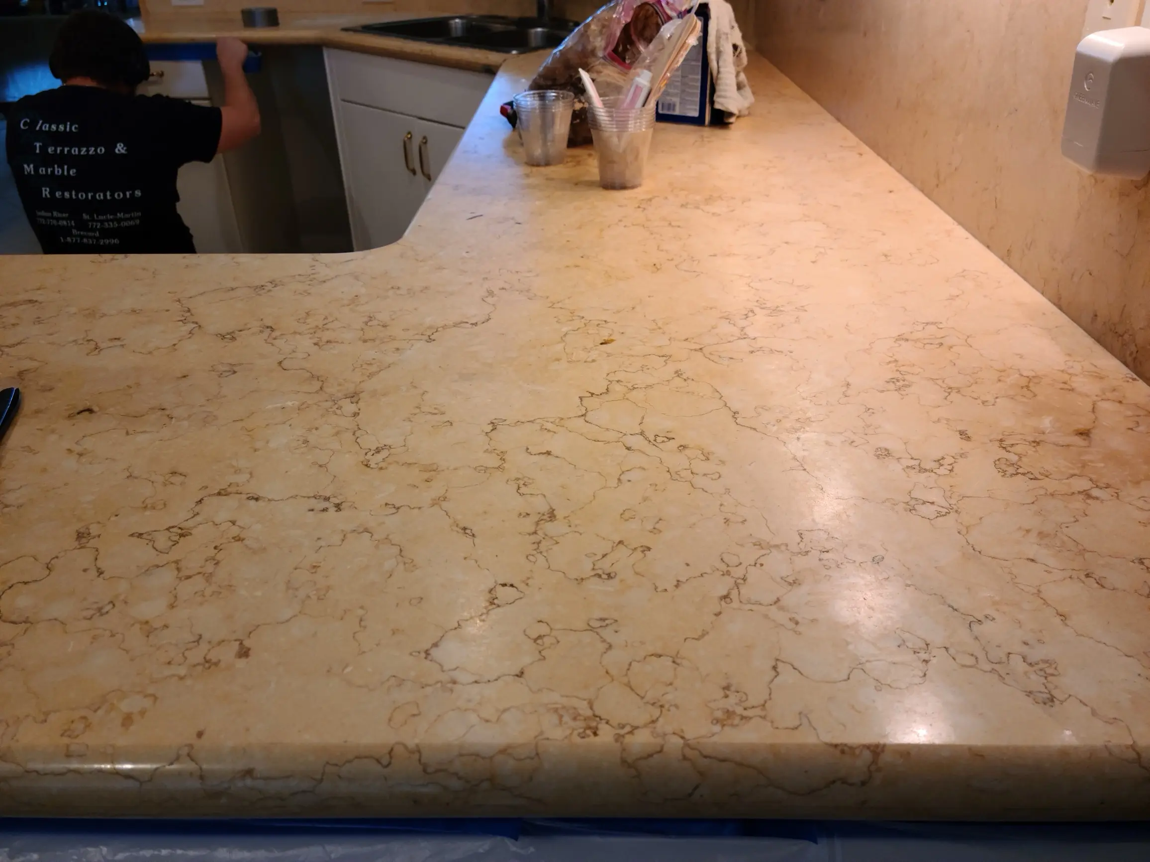 Dull marble countertops before polished by Classic Terrazzo and Marble