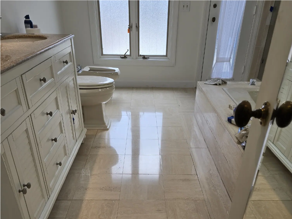 clean and treated marble bathroom floor after Classic Terrazzo and Marble cleaning